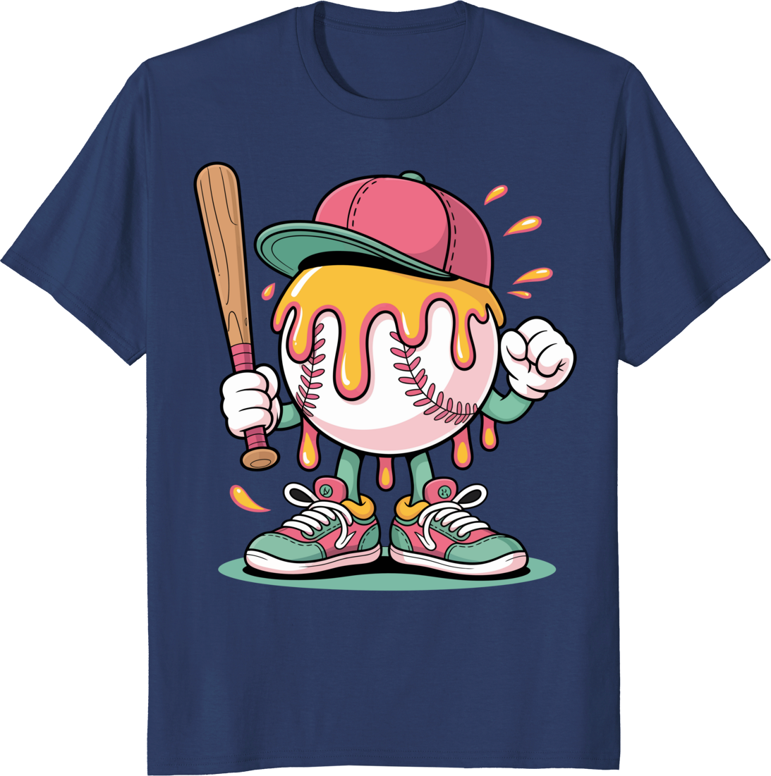 Funny ice cream drip baseball t-shirt design with baseball spots - navy
