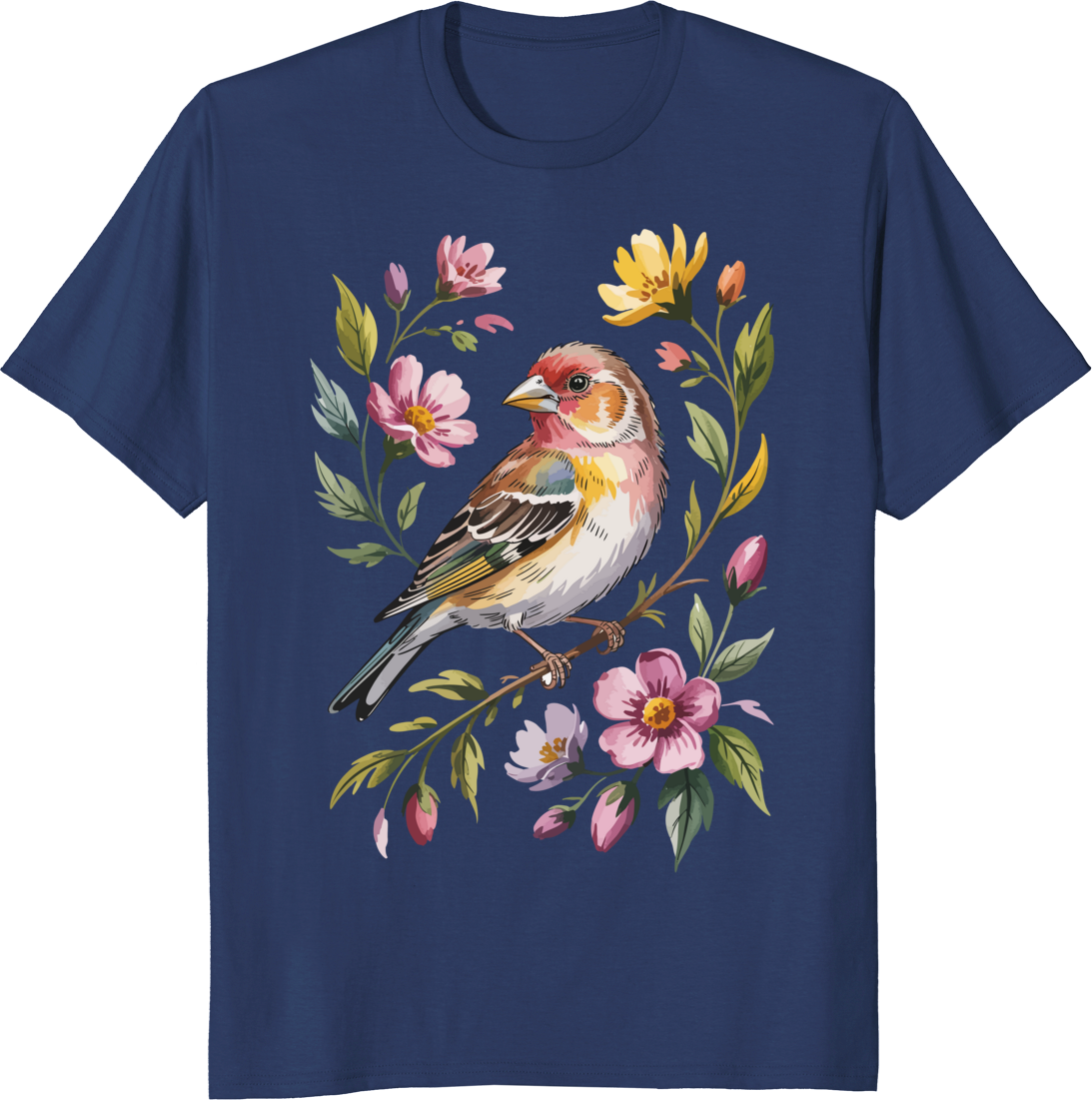 Cute bird graphic t-shirt with finch and flowers - navy