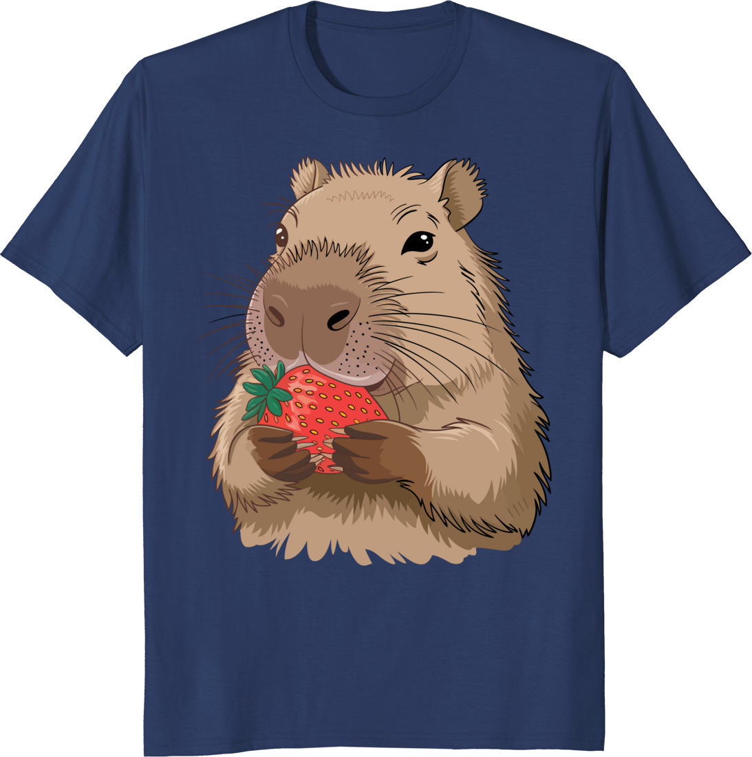 Capybara eating a strawberry on a t-shirt graphic. - navy