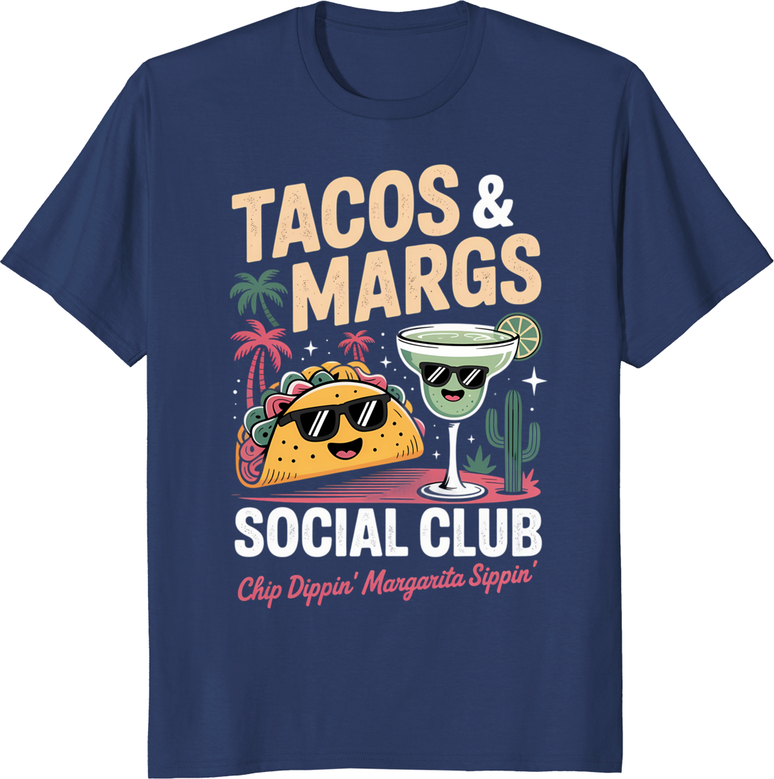 Cartoon taco and margarita character t-shirt design - navy