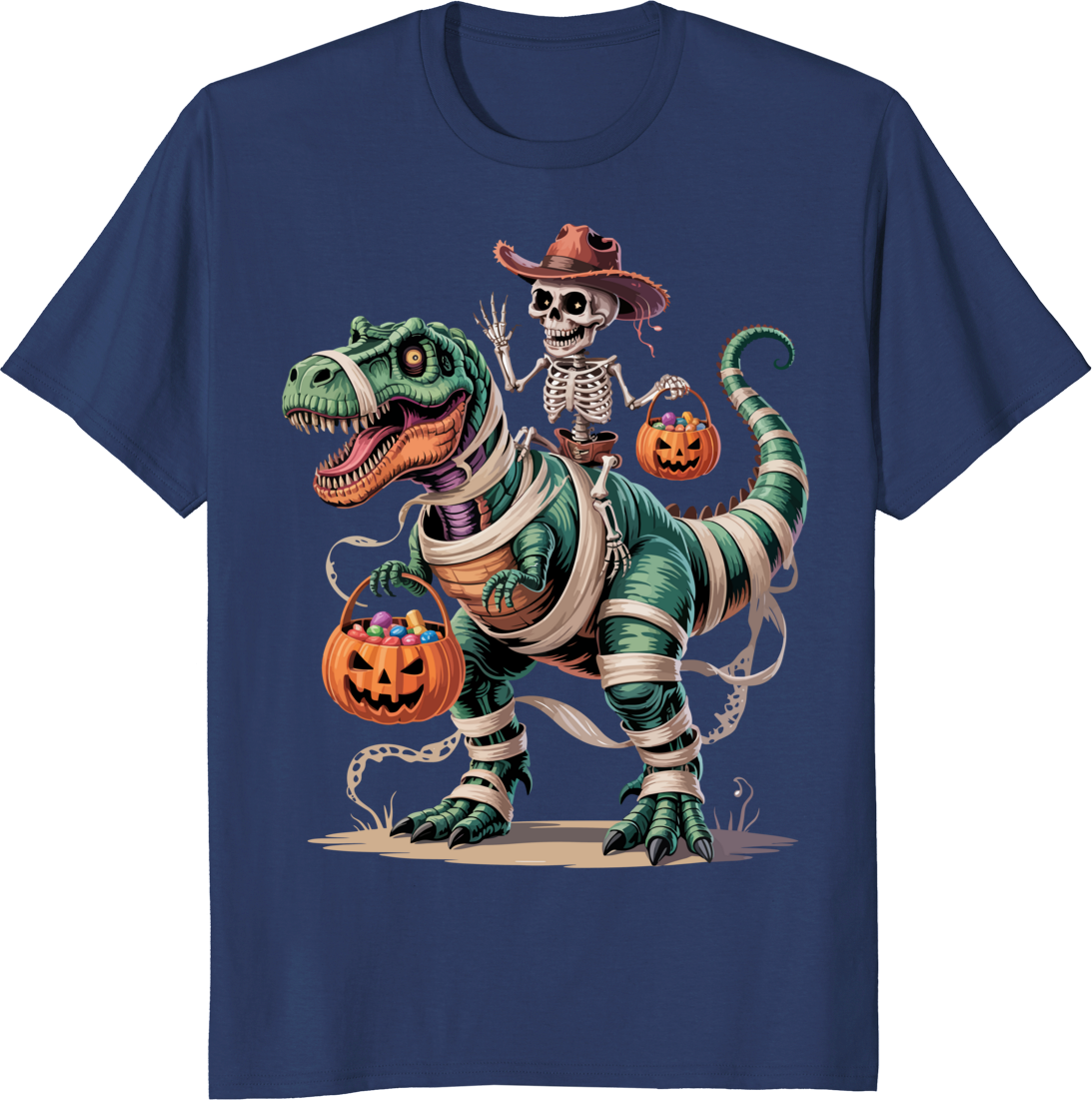 Cowboy skeleton riding a T‑Rex mummy dinosaur on a t‑shirt - navy