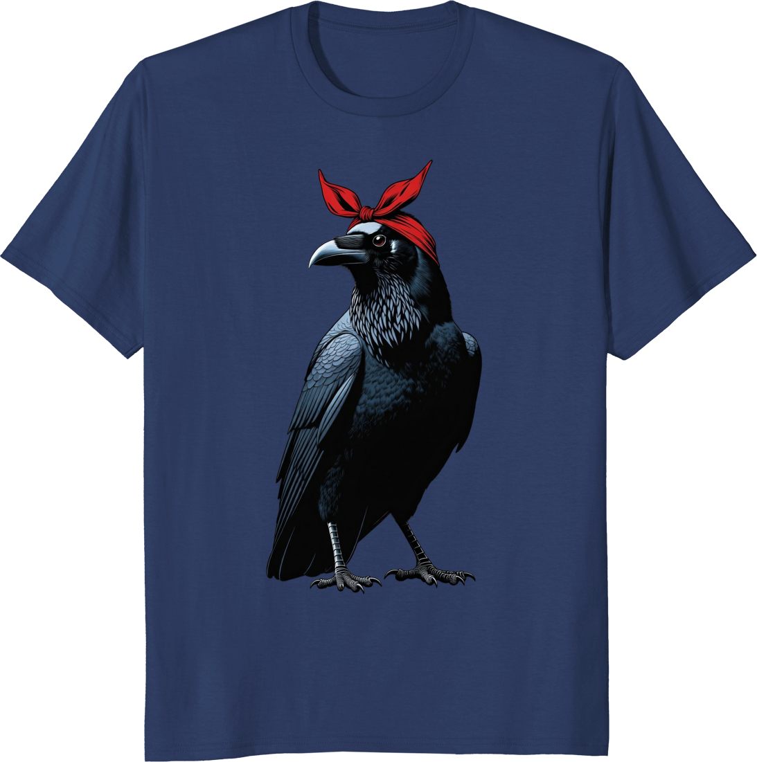 Crow mom wearing a red bow bandana on a vintage style t-shirt - navy