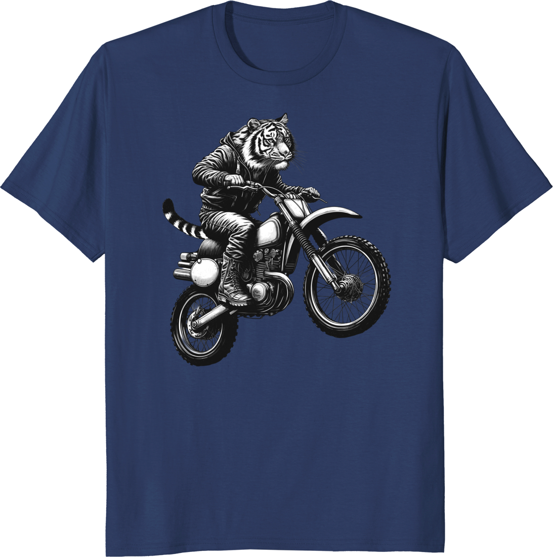 Funny vintage tiger riding a dirt bike on a motocross track – T-shirt design - navy