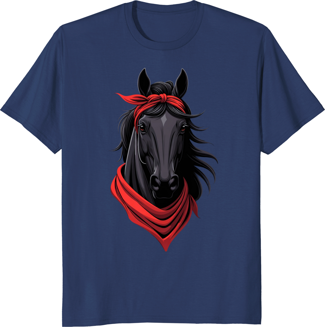 Black horse wearing a bow bandana on a t-shirt - navy