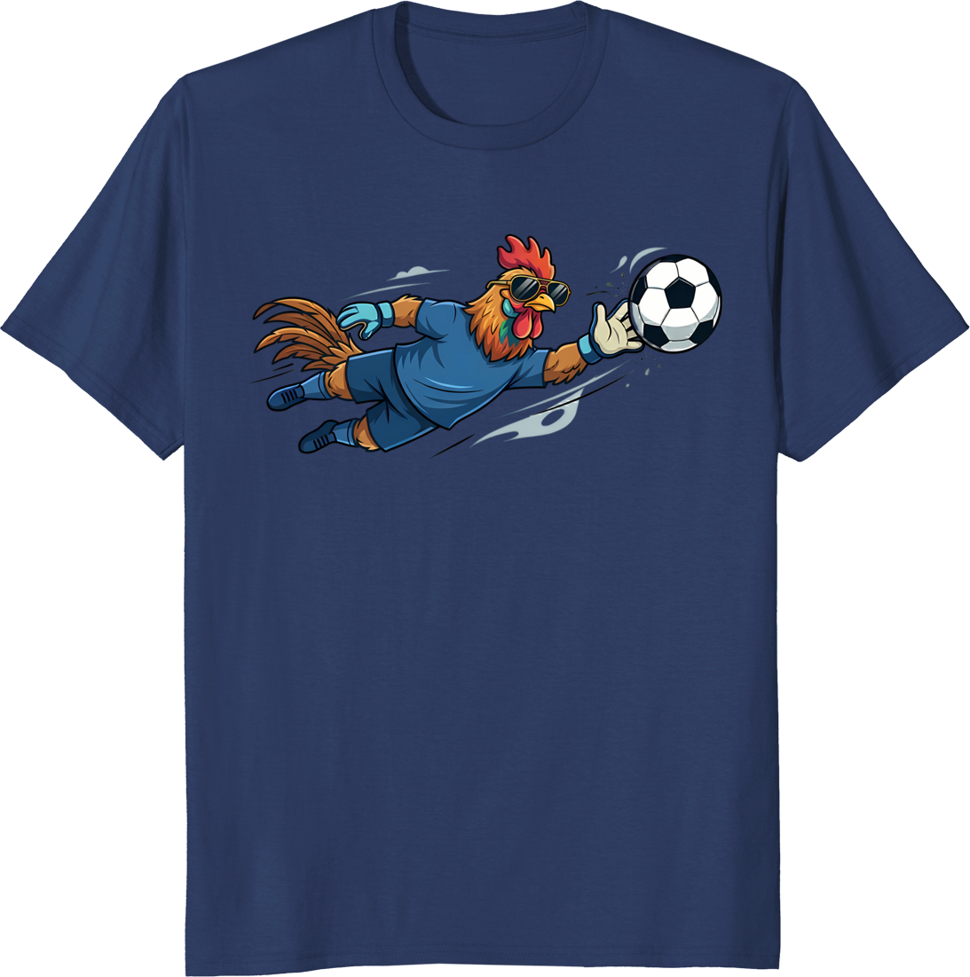 Funny rooster wearing sunglasses as a soccer goalkeeper t-shirt design. - navy