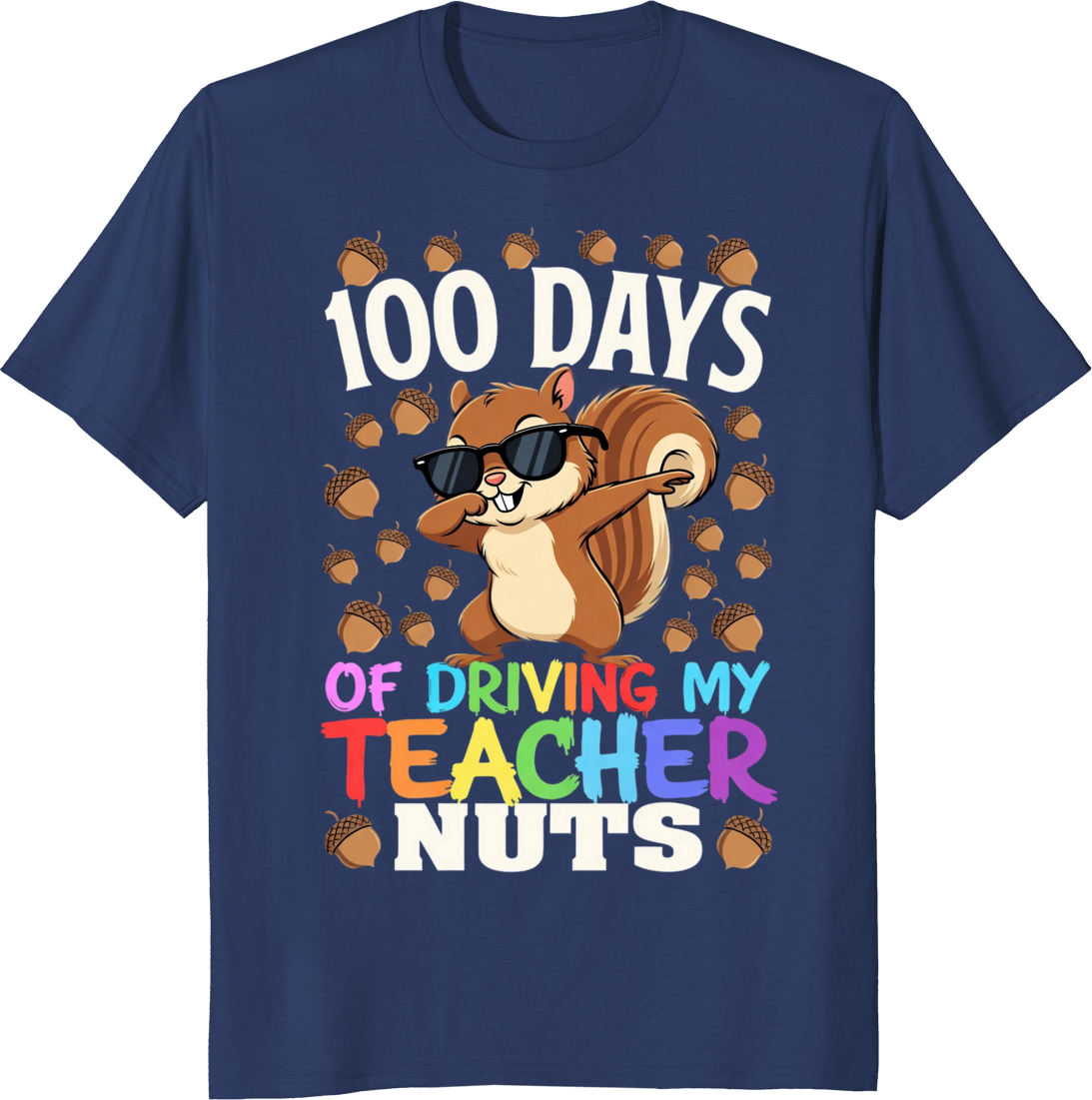 Squirrel cartoon driving a teacher with a school theme printed on a t-shirt - navy