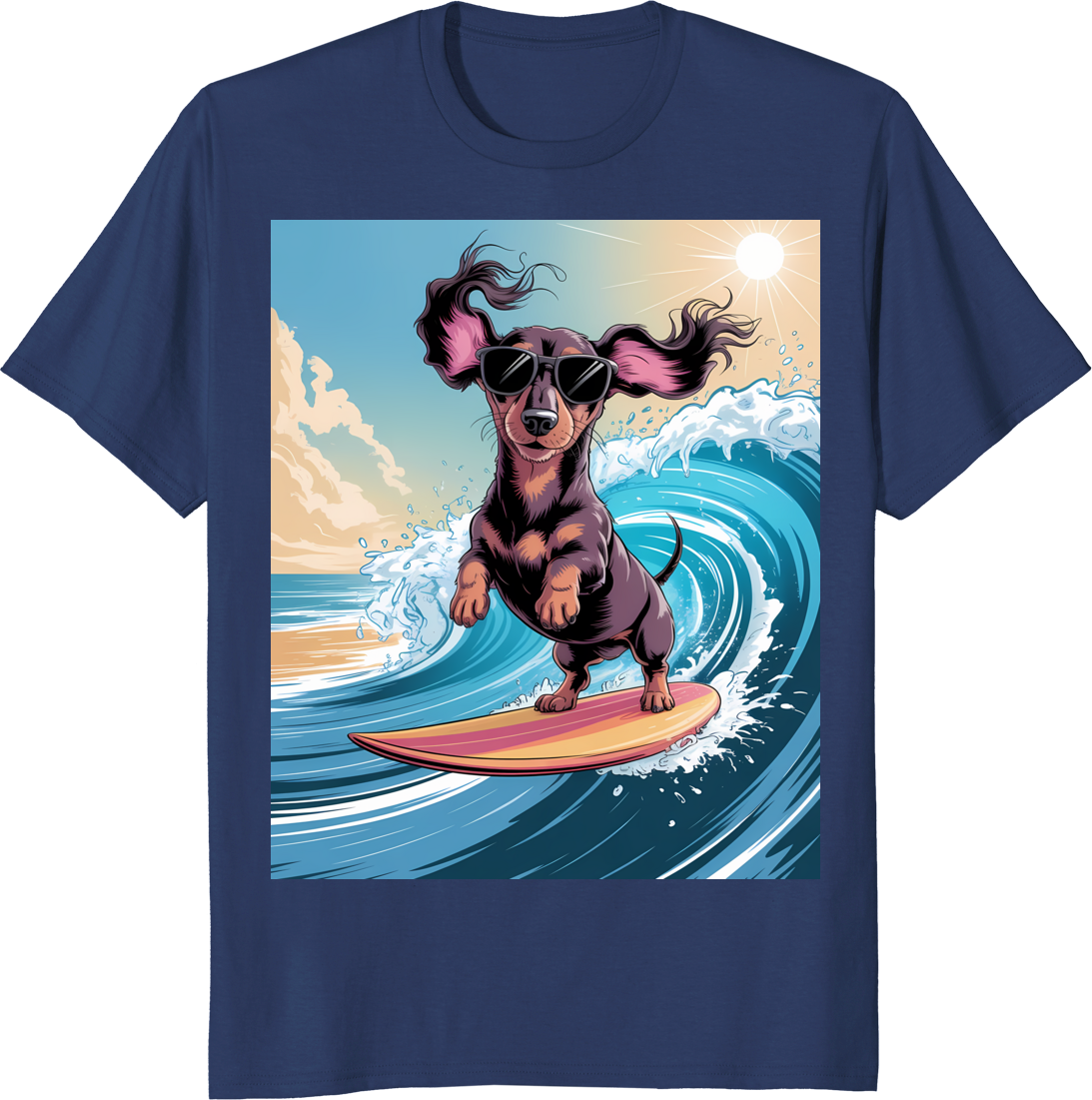 Funny dachshund dog surfing ocean waves on a t‑shirt - navy
