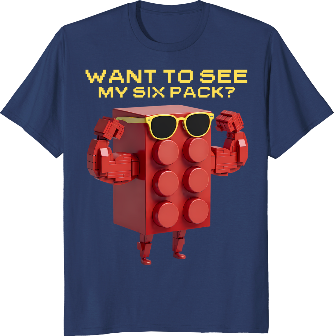Red building block character with six-pack bricks t-shirt design - navy