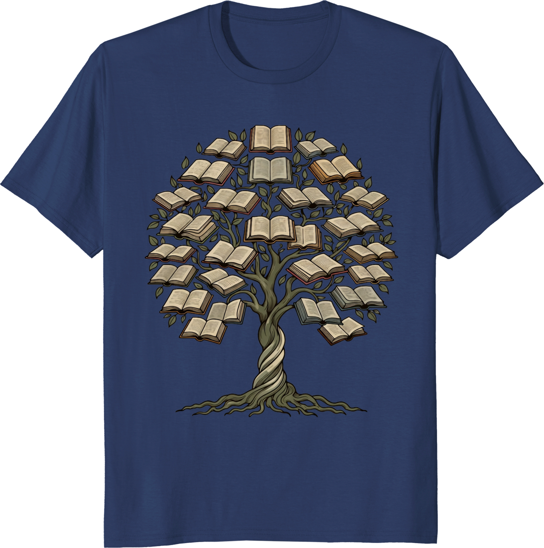 Book lover t-shirt featuring a tree growing from books on a soft cotton tee - navy