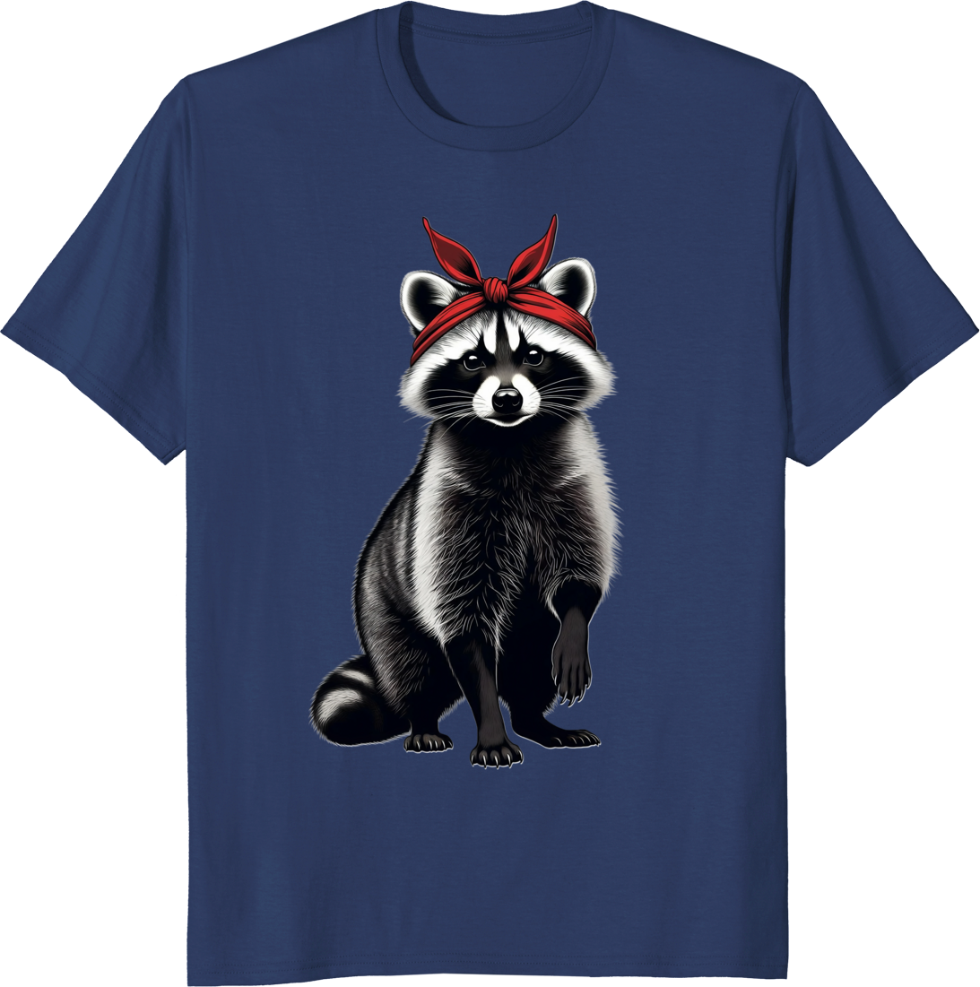 Raccoon mom wearing a red bow bandana on a t-shirt - navy
