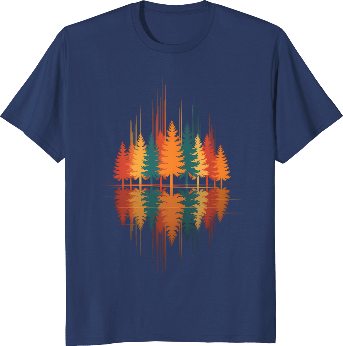Retro pine forest graphic with lake reflection on a t-shirt - navy