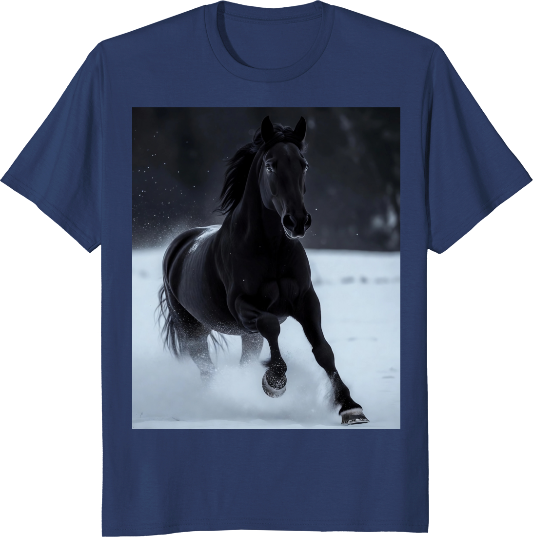 Black horse running across snowy terrain on a t‑shirt - navy