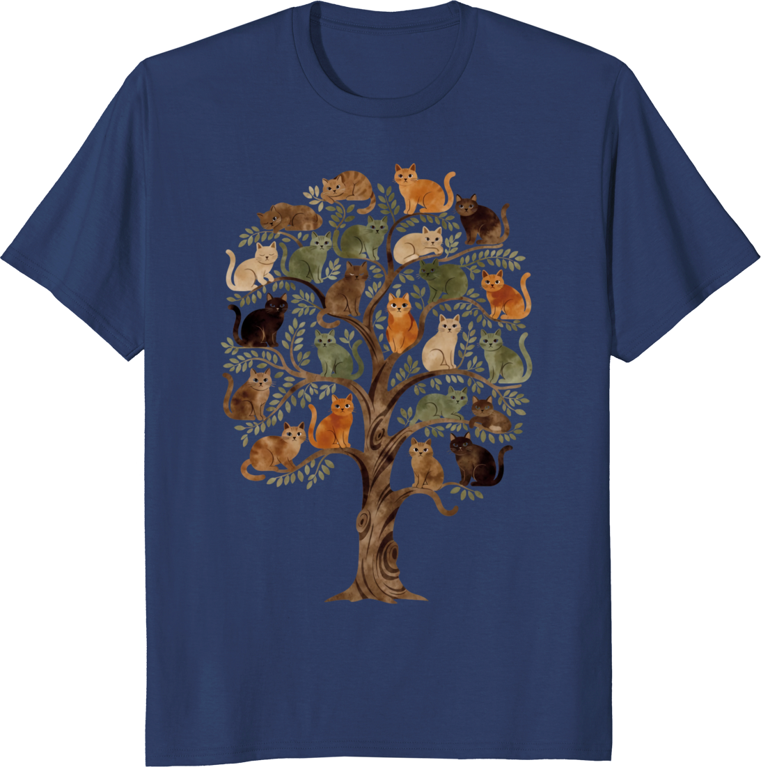 Cosmic cat perched on a world tree illustrated on a T‑shirt - navy