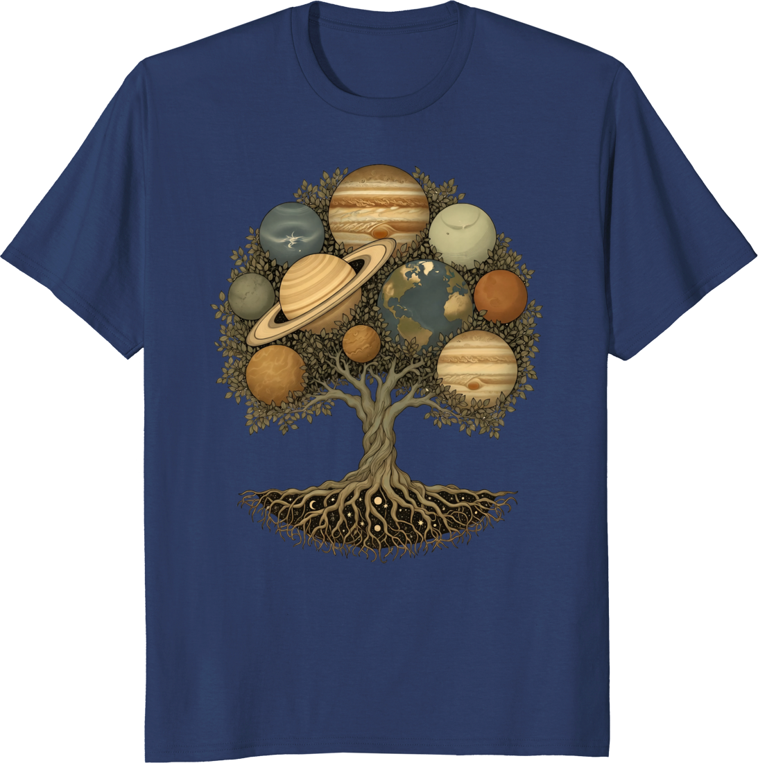Vintage Celestial World Tree Solar System T-Shirt design featuring a tree with planets - navy