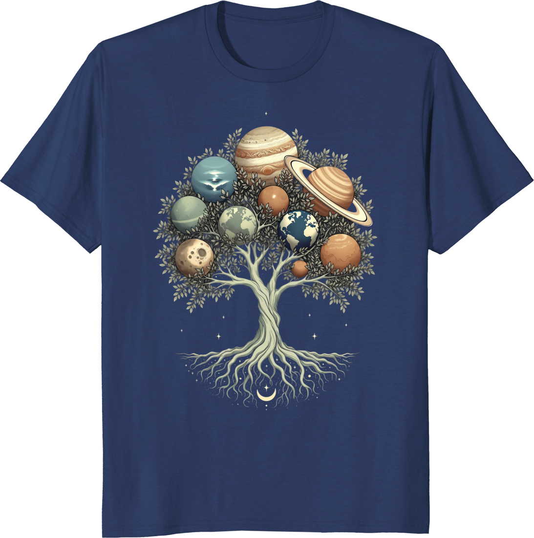 Solar System Tree of Life t-shirt featuring celestial planets design. - navy