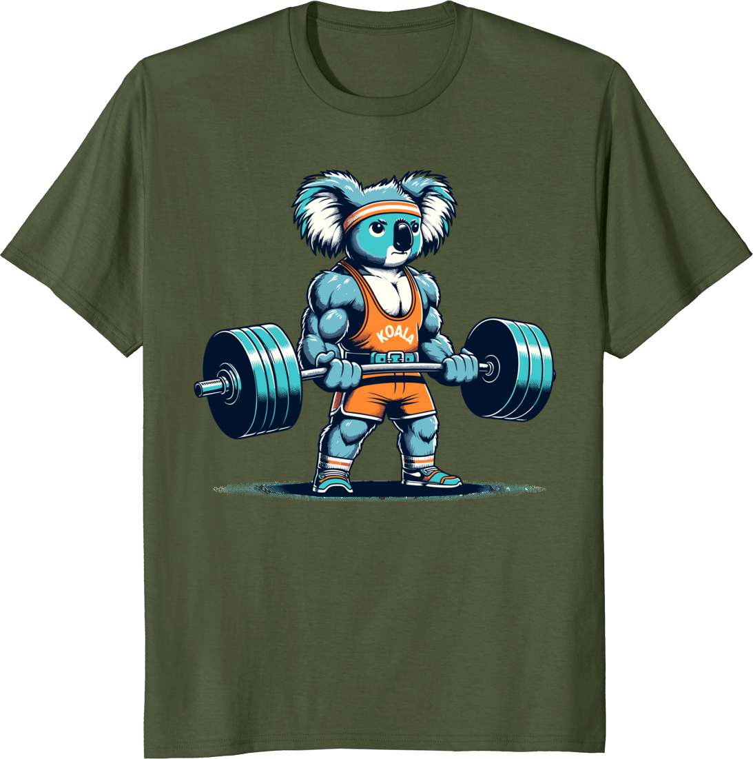Fitness Gym Koala Bodybuilding weightlifting t-shirt with cartoon koala lifting weights - olive