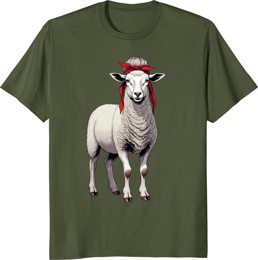 Vintage sheep wearing a red bow bandana on a t-shirt - olive