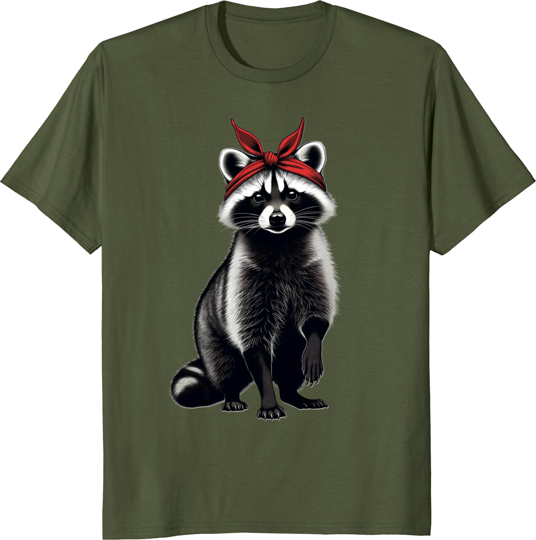 Raccoon mom wearing a red bow bandana on a t-shirt - olive