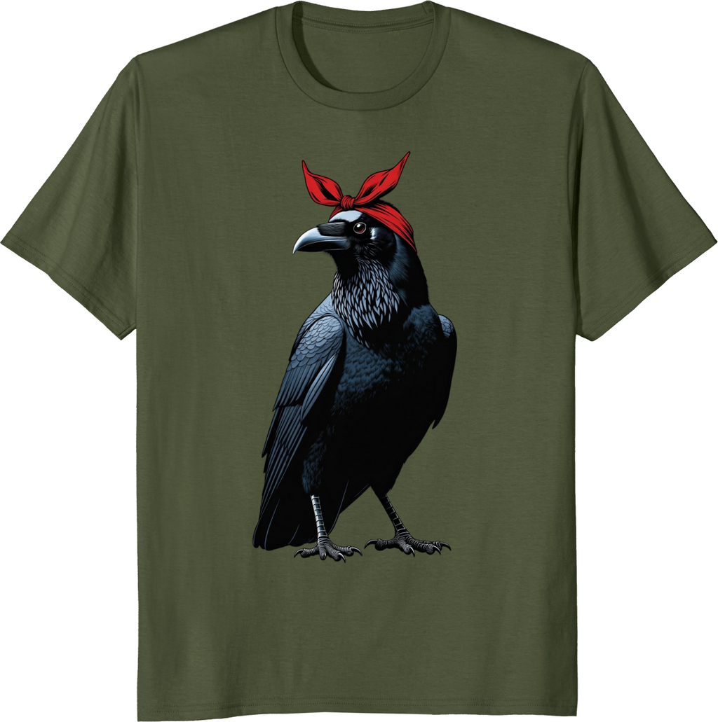 Crow mother wearing a red bow bandana on a t-shirt - olive