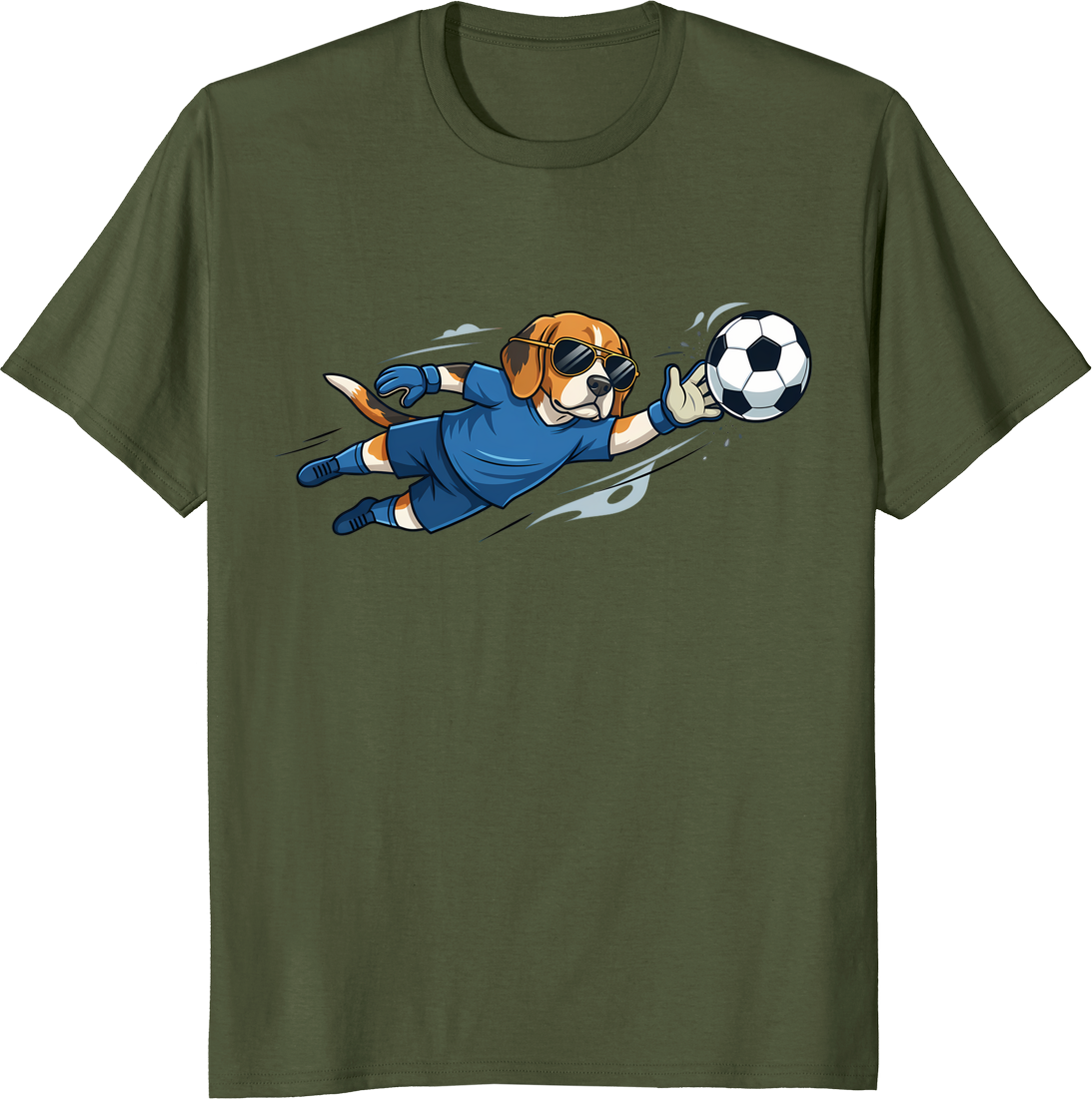 Cartoon dog goalkeeper wearing sunglasses on a t-shirt - olive