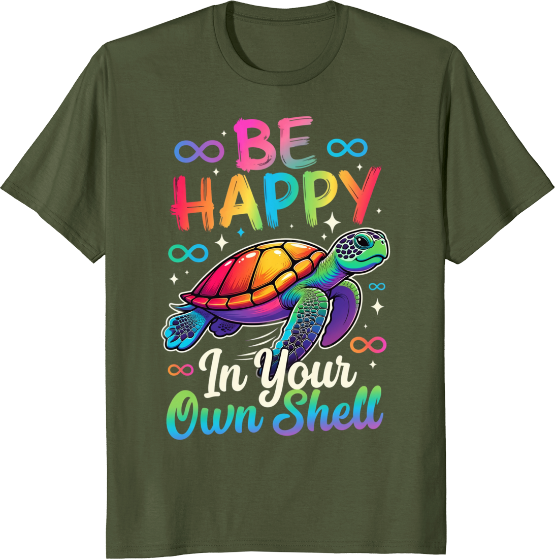 Rainbow autism awareness turtle graphic on a white t-shirt - olive