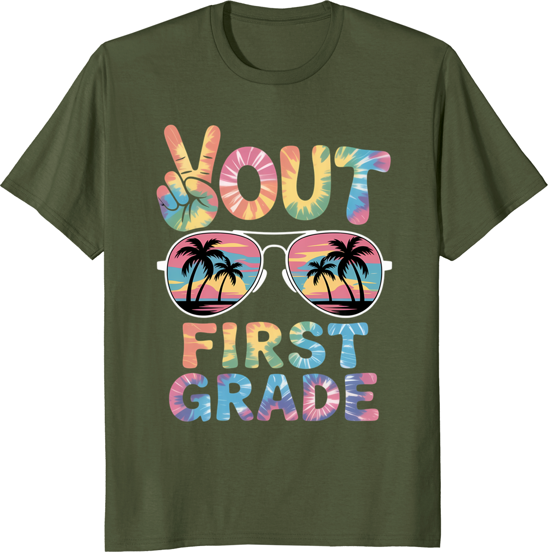 Retro tie‑dy t‑shirt design celebrating last day of first grade school - olive