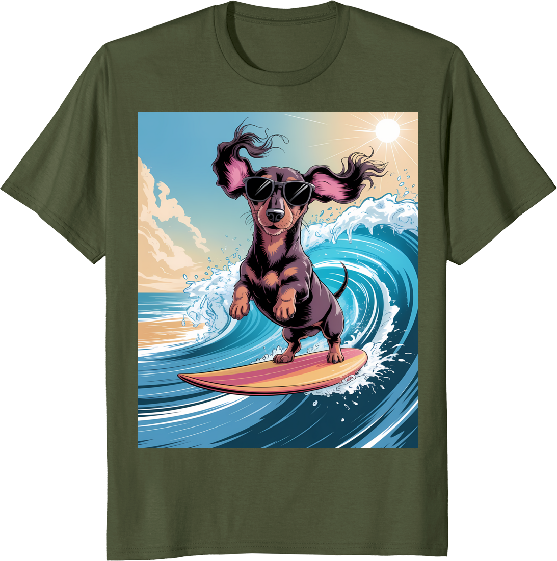 Funny dachshund dog surfing ocean waves on a t‑shirt - olive