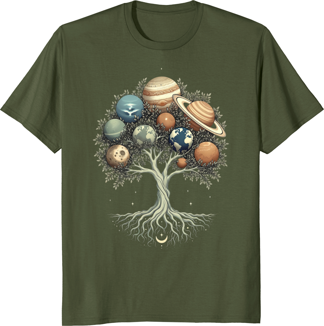 Solar System Tree of Life t-shirt featuring celestial planets design. - olive