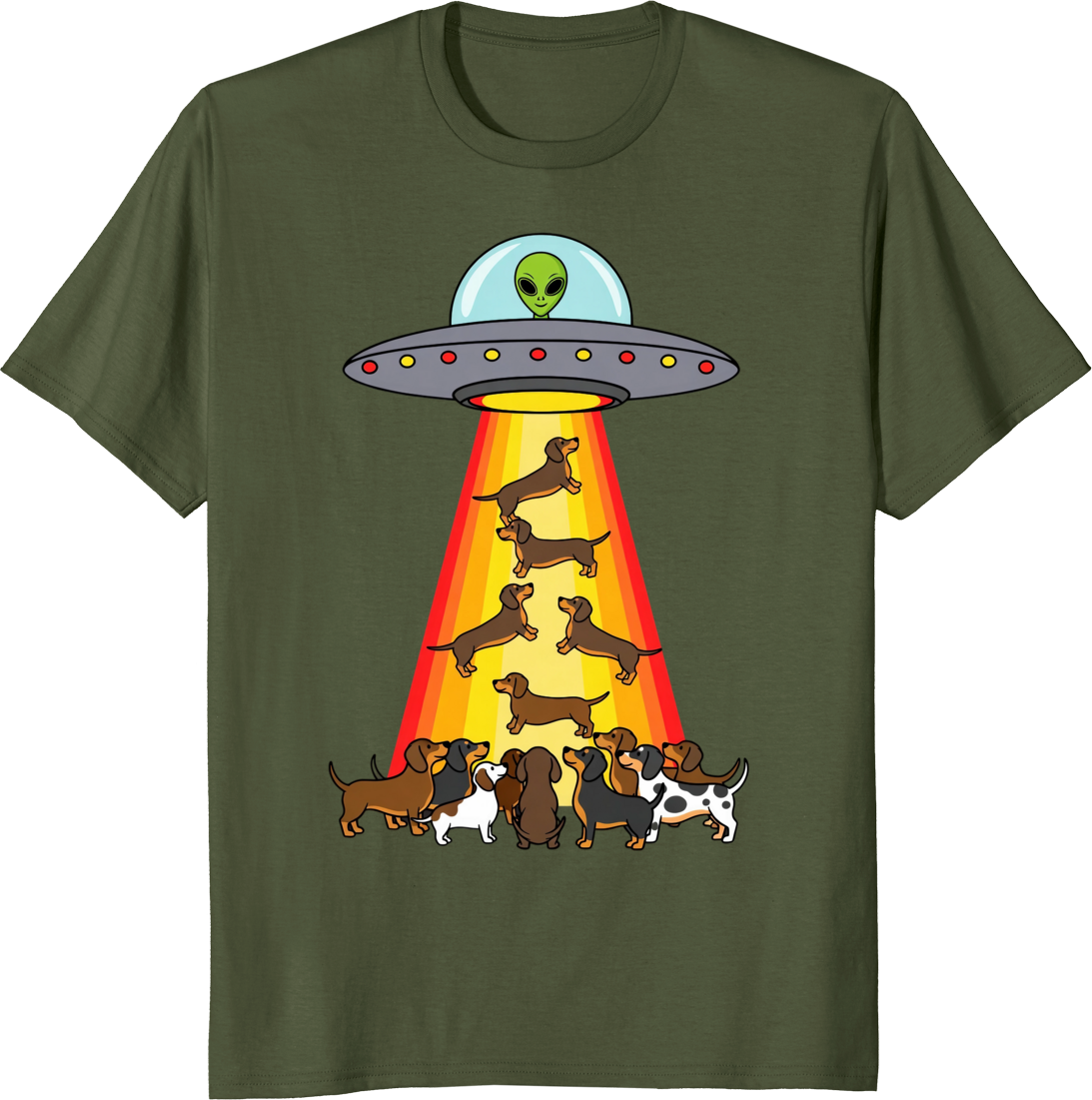 Funny UFO Dachshund design on a T-shirt - olive