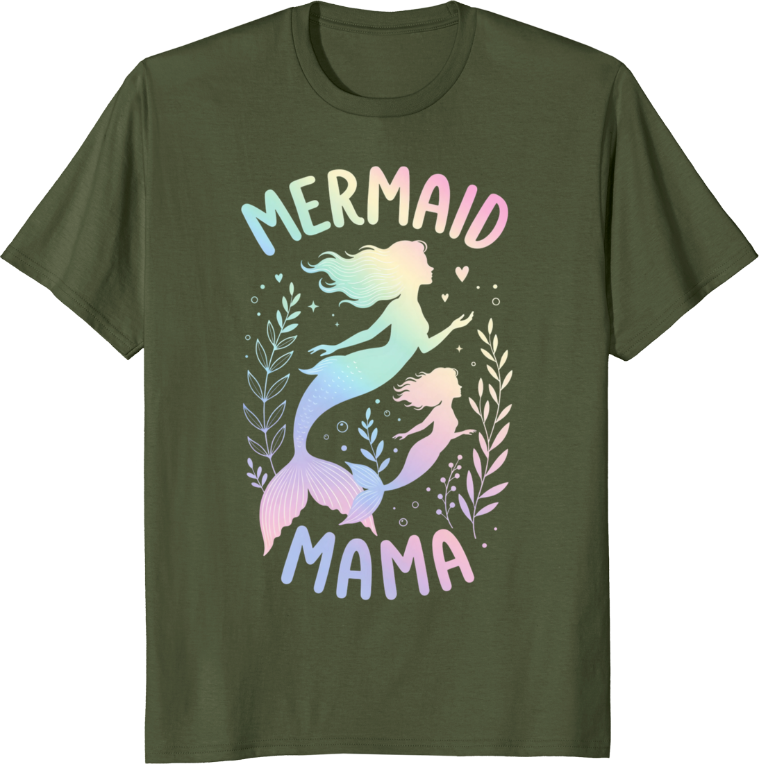 Mermaid Mama vintage t-shirt design featuring whimsical mermaid and motherly artwork for women. - olive