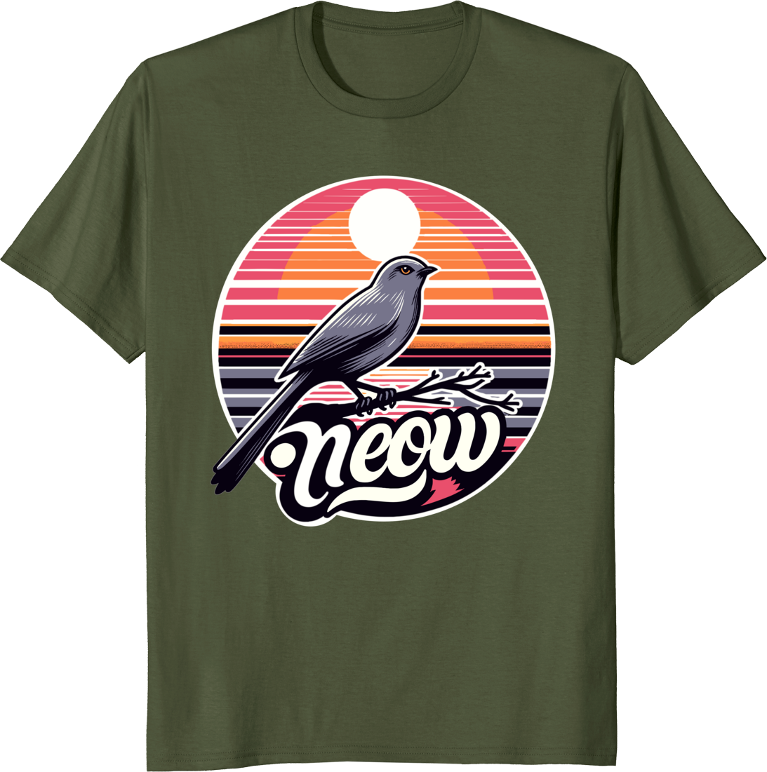 Funny gray catbird illustration on a white t-shirt - olive