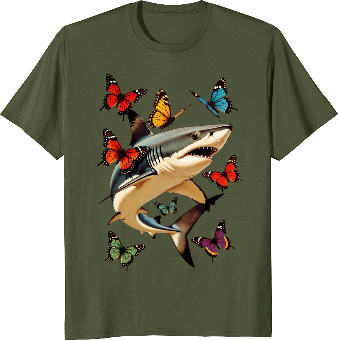 Funny shark with butterflies retro graphic t-shirt - olive