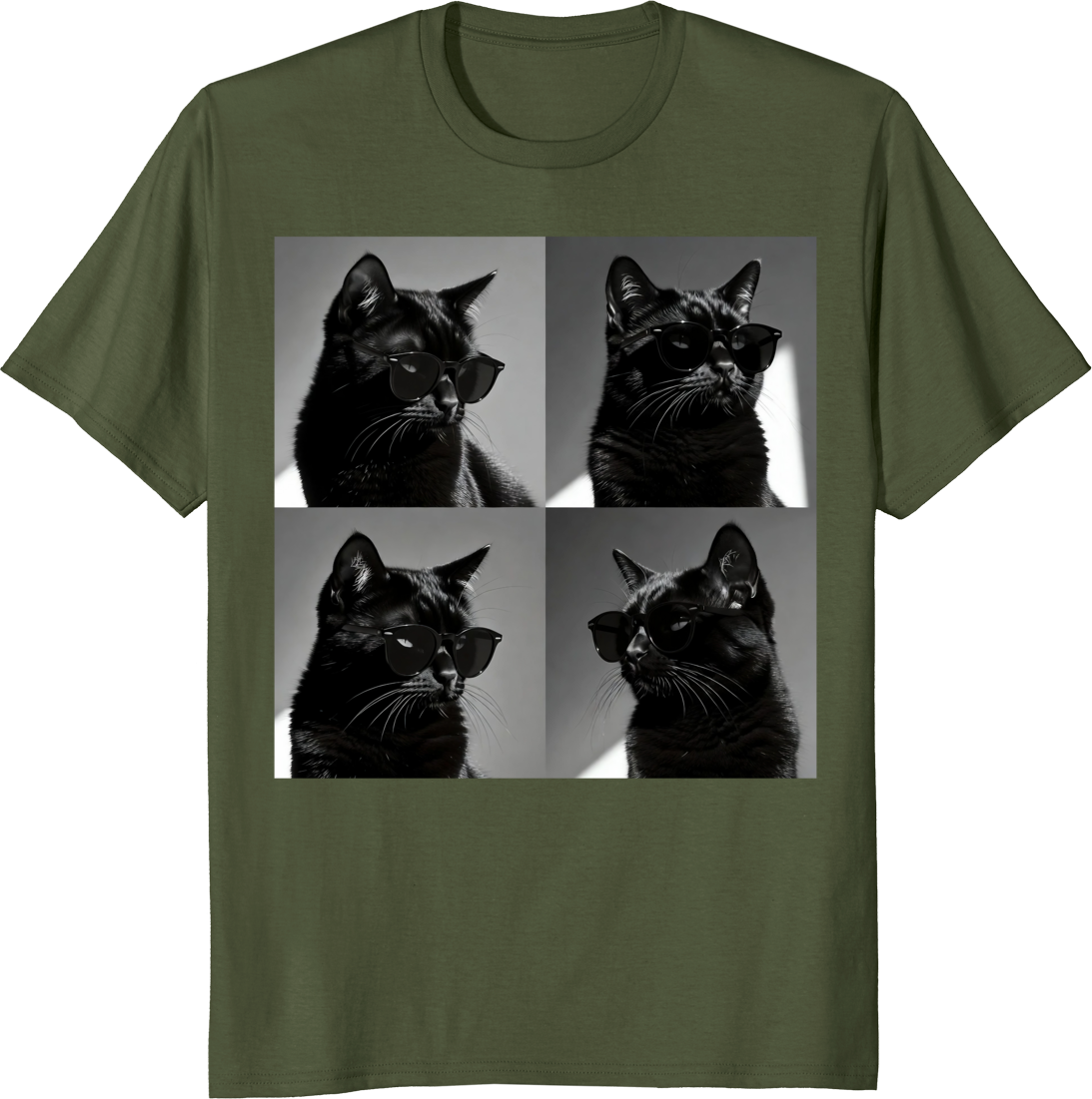 Funny black cat vintage photobooth selfie 4-panel art t-shirt design - olive