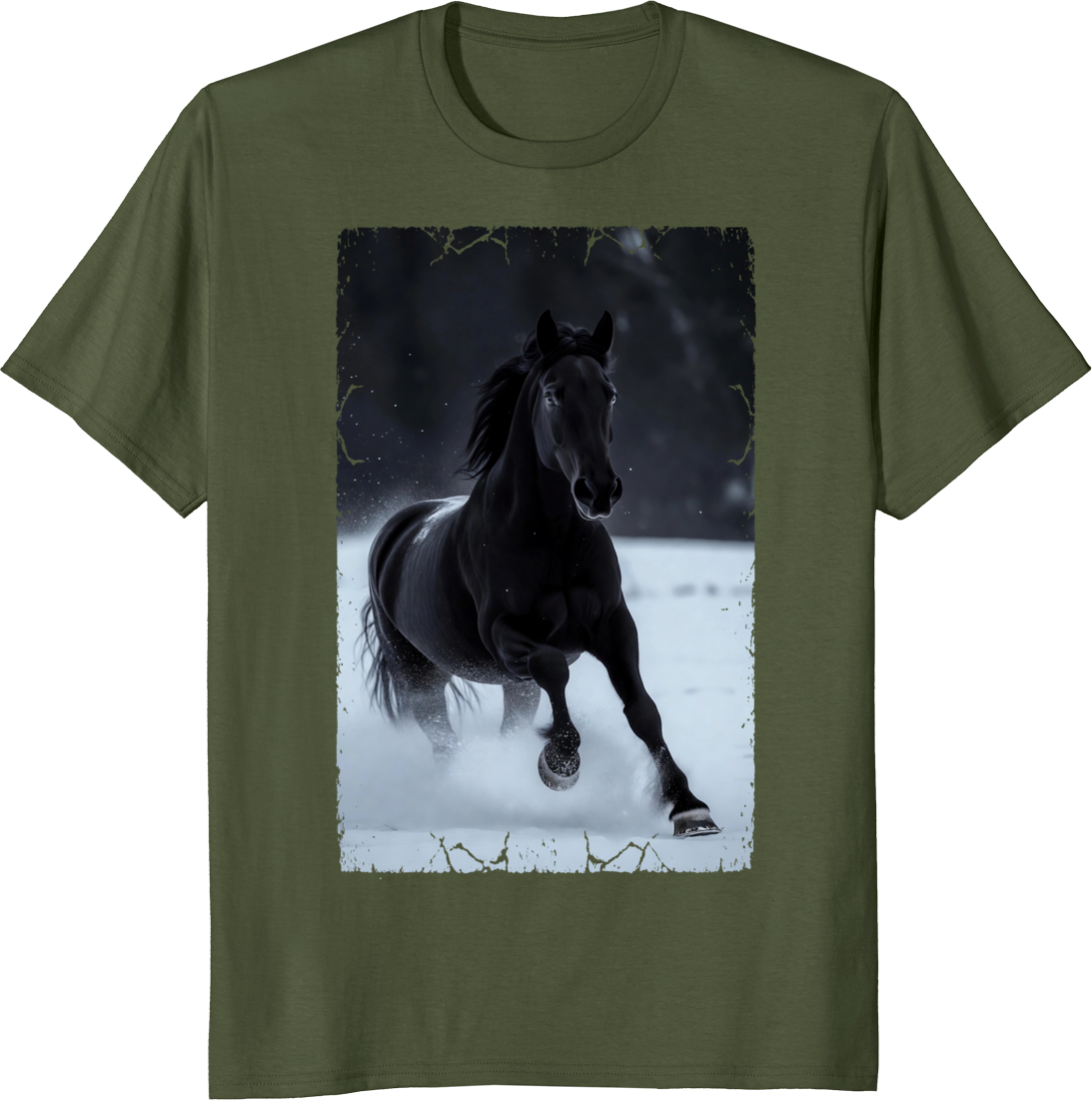 Black horse running through snowy landscape on a t-shirt print - olive