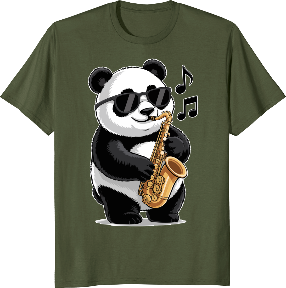 Funny panda playing saxophone on a t-shirt. - olive