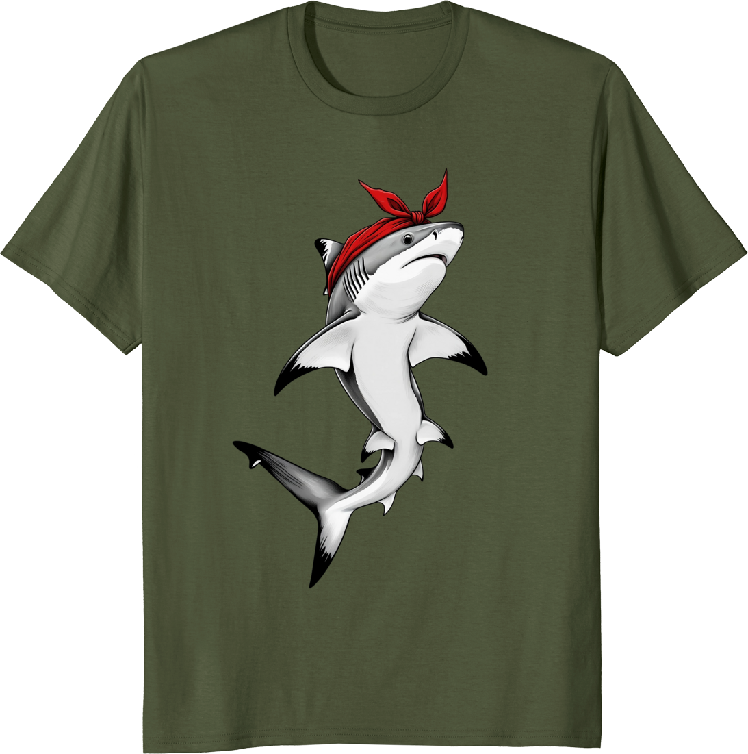 Shark wearing a red bow bandana on a T‑shirt - olive