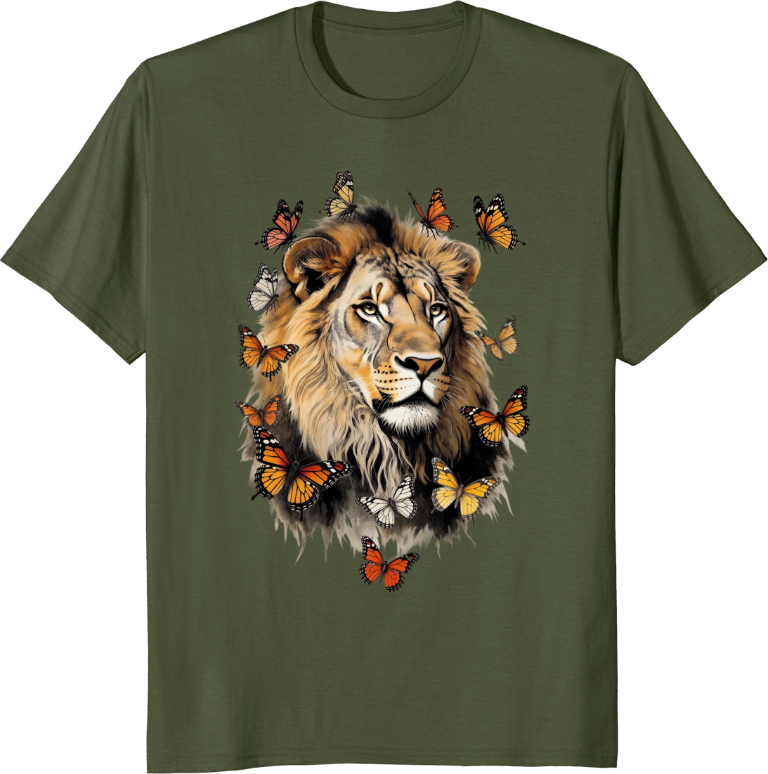 Unisex t-shirt featuring a retro graphic of a lion surrounded by butterflies - olive