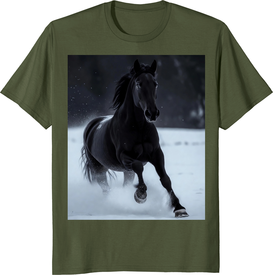 Black horse running across snowy terrain on a t‑shirt - olive