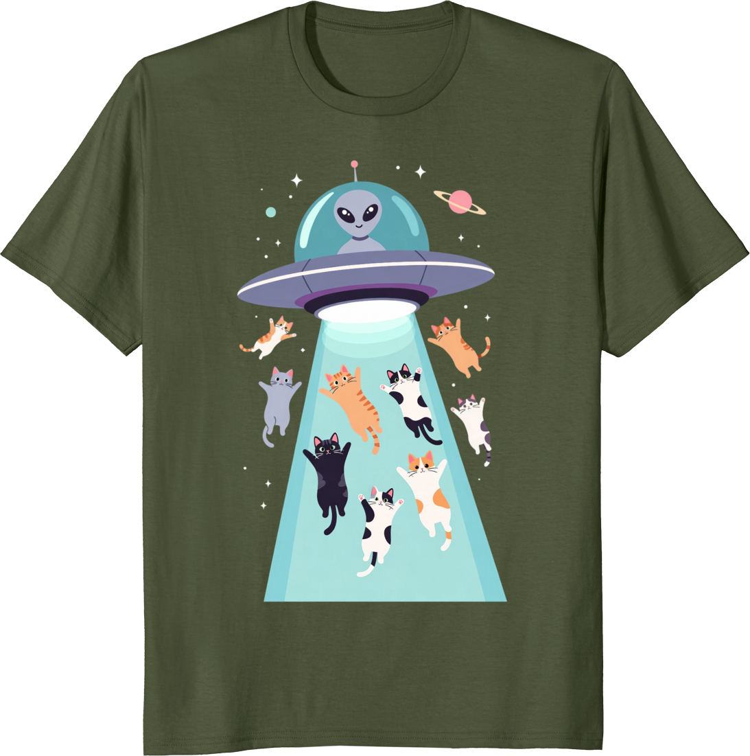 Funny cats flying in a UFO retro space design on a T-shirt - olive