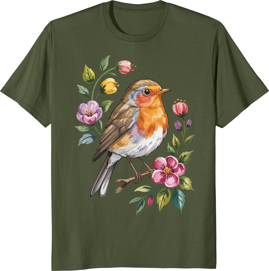 Cute robin bird with flowers graphic on a t-shirt - olive