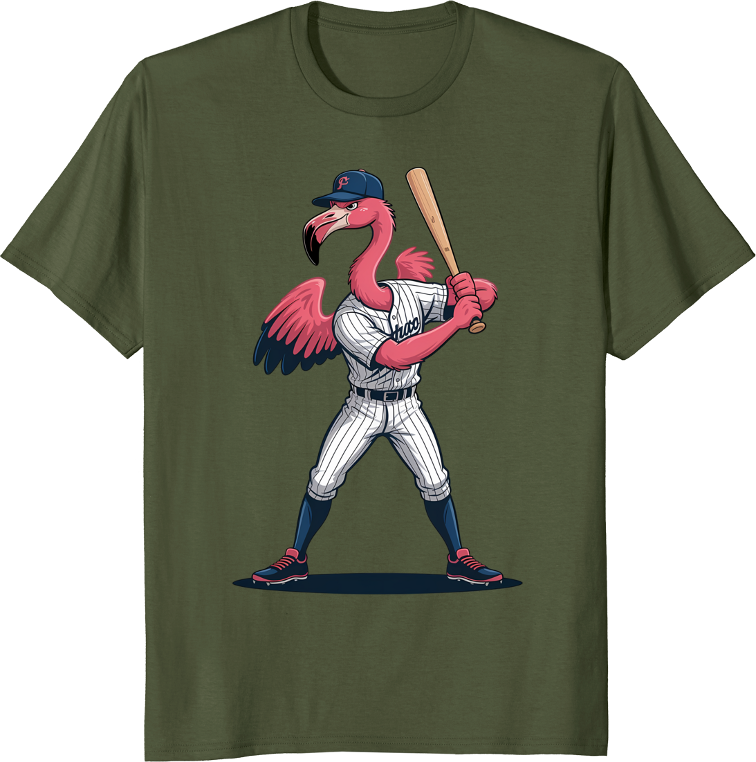 Pink flamingo baseball player t-shirt with cartoon flamingo holding bat - olive