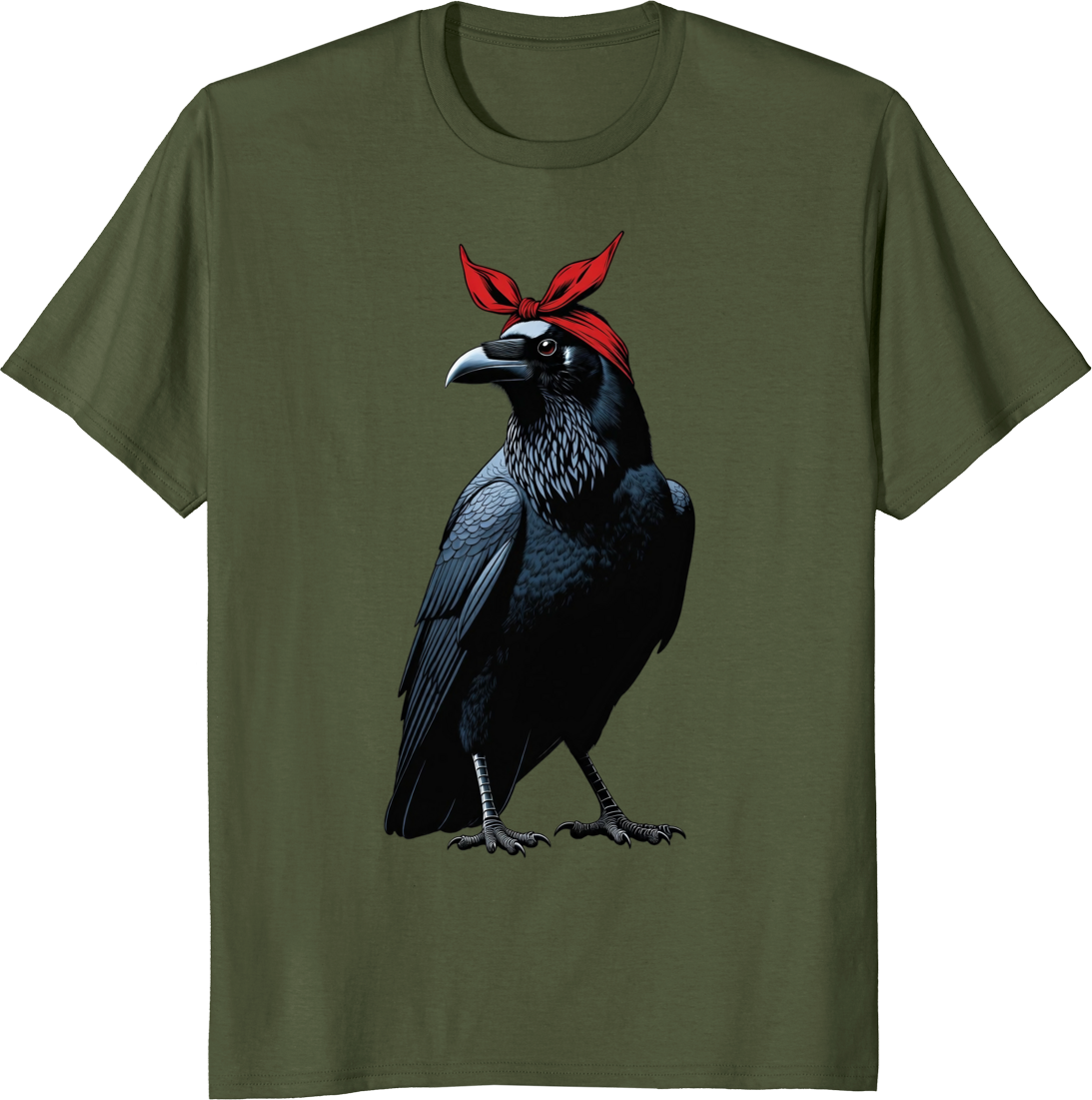 Crow mom wearing a red bow bandana on a vintage style t-shirt - olive