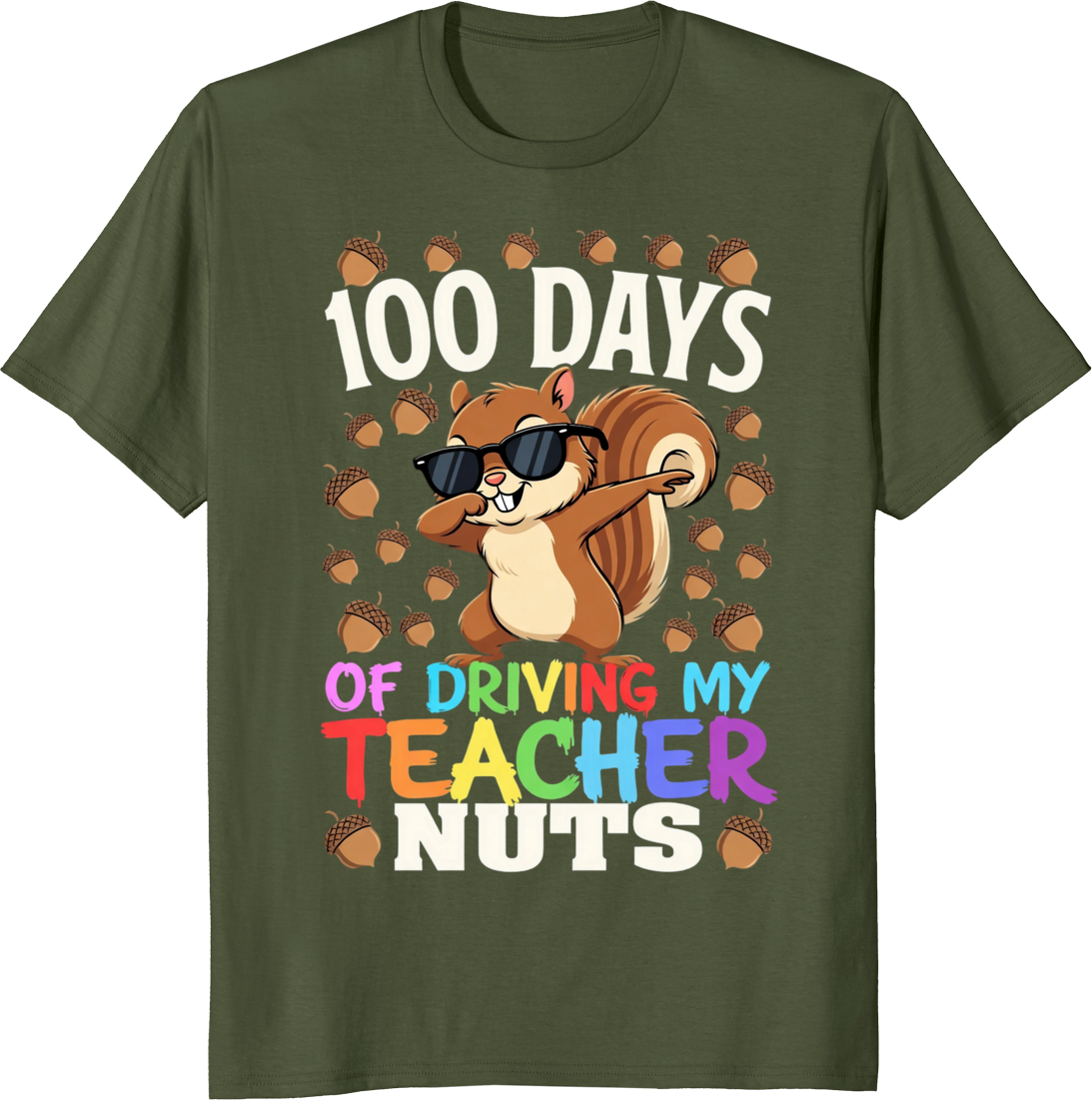 Squirrel cartoon driving a teacher with a school theme printed on a t-shirt - olive