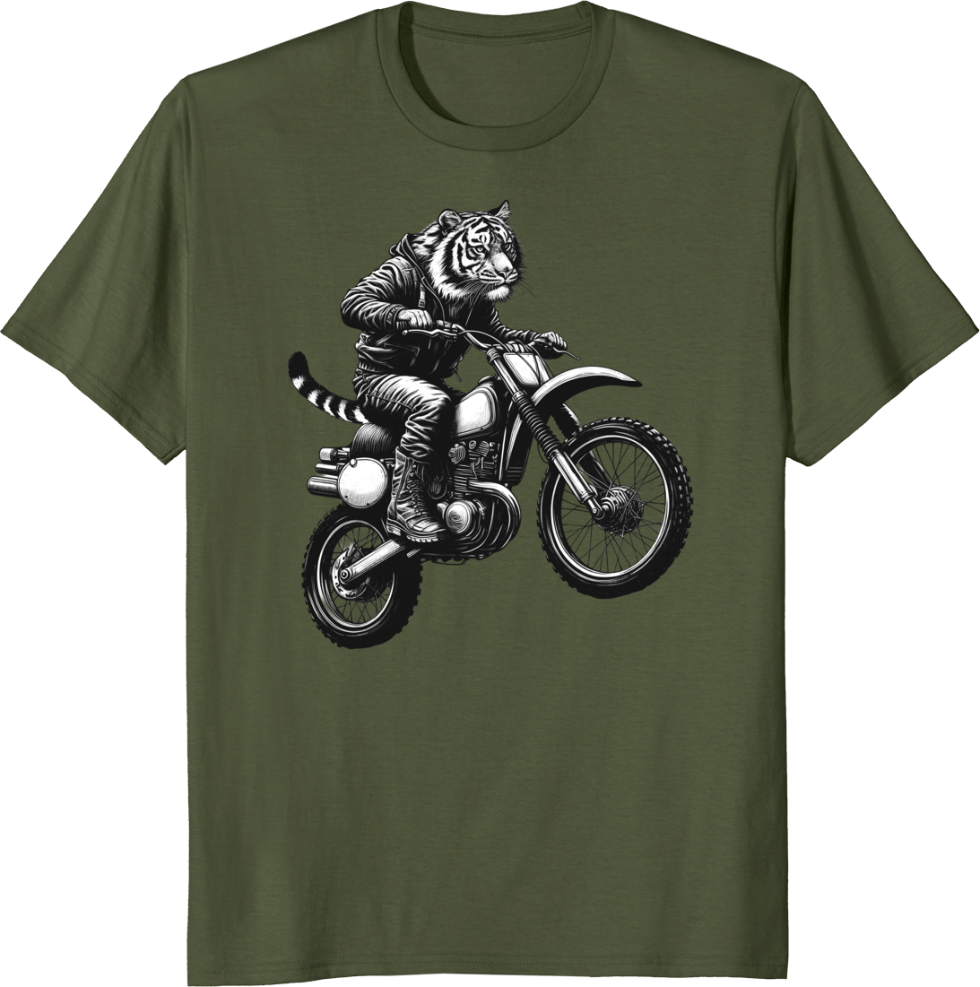 Funny vintage tiger riding a dirt bike on a motocross track – T-shirt design - olive