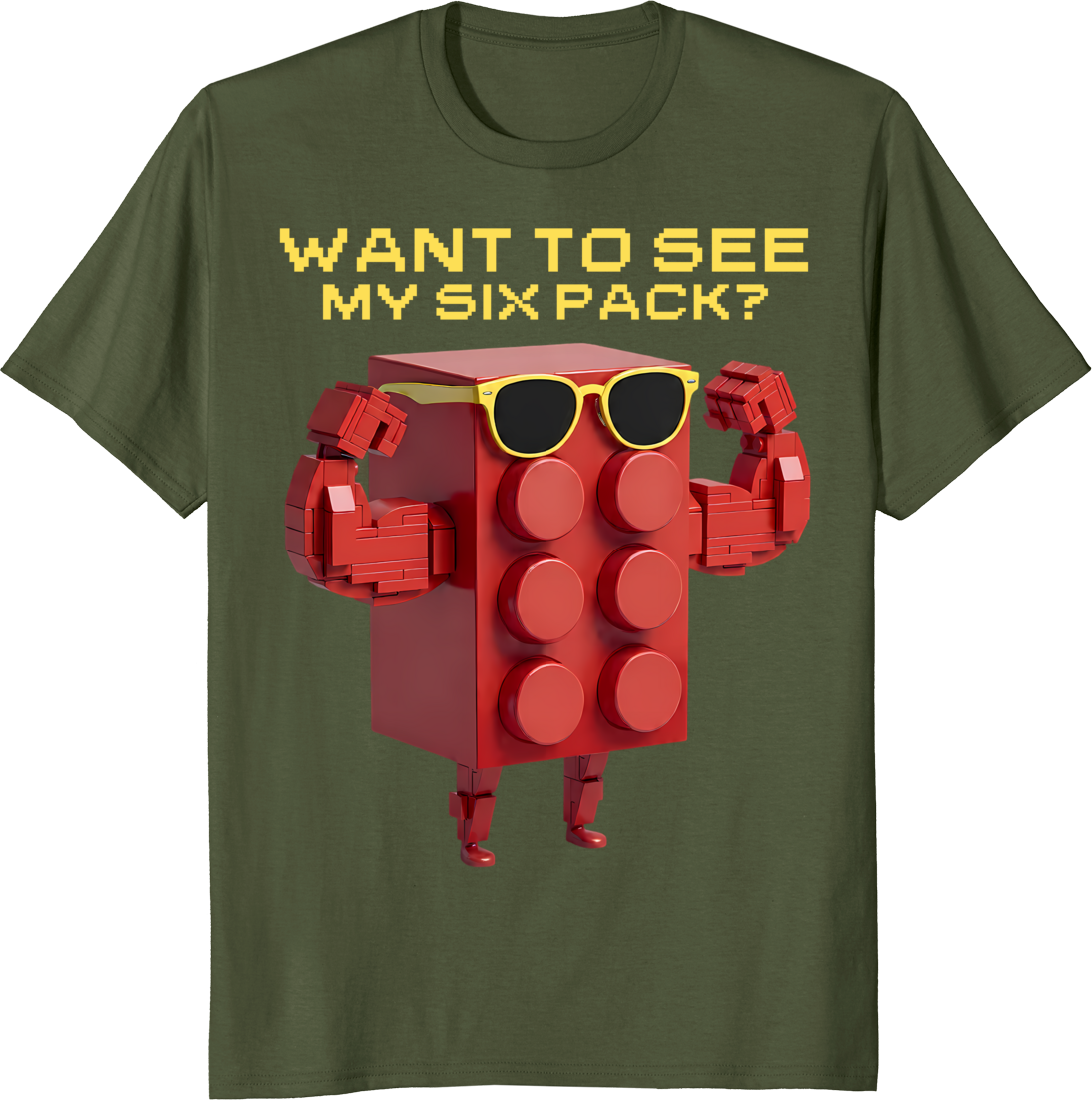 Red building block character with six-pack bricks t-shirt design - olive