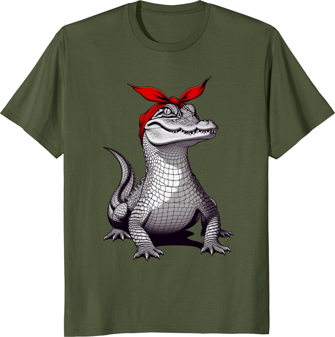 Alligator Mom t-shirt with red bow bandana design - olive