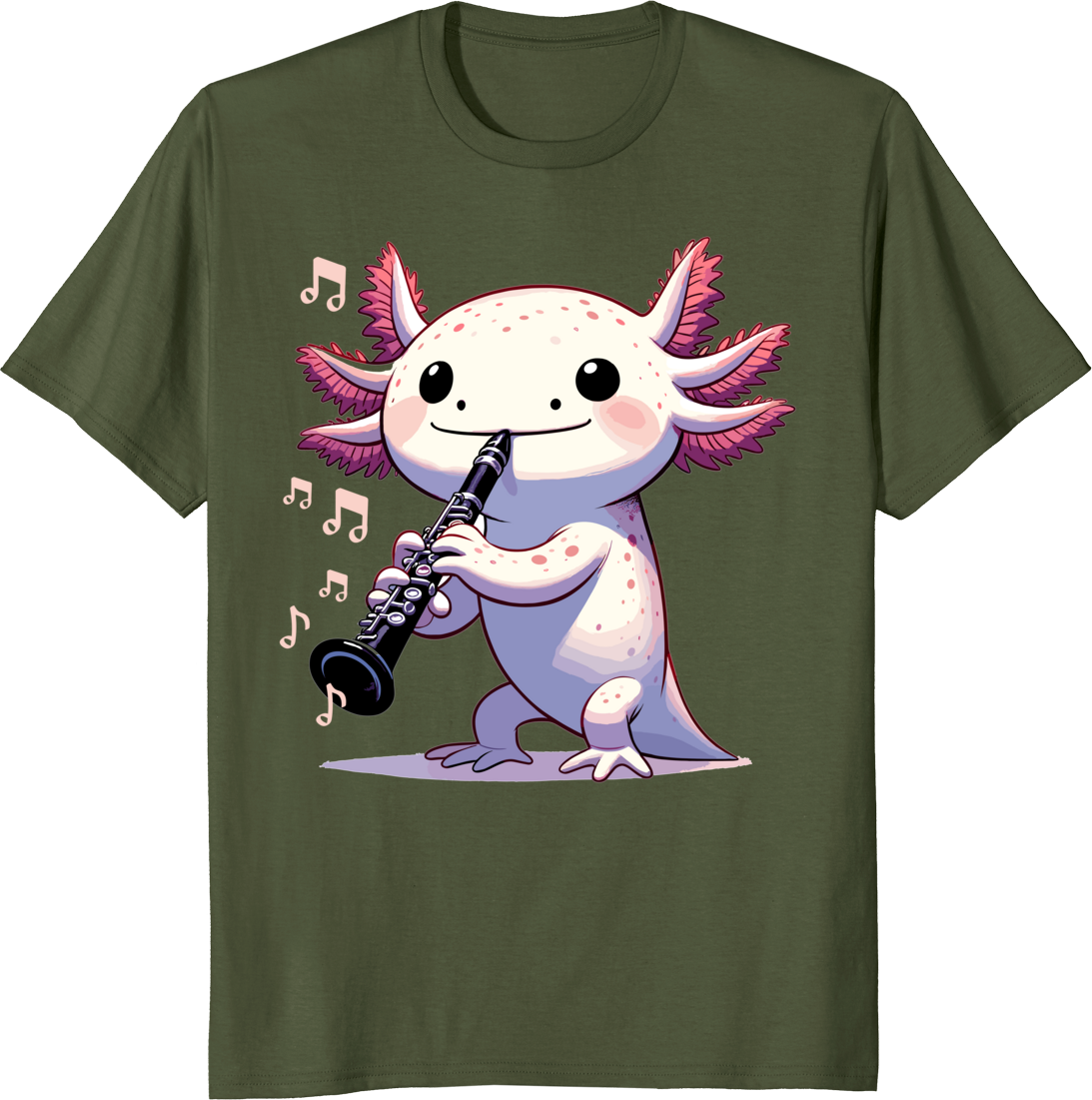 Cute pink kawaii axolotl playing clarinet t-shirt design - olive