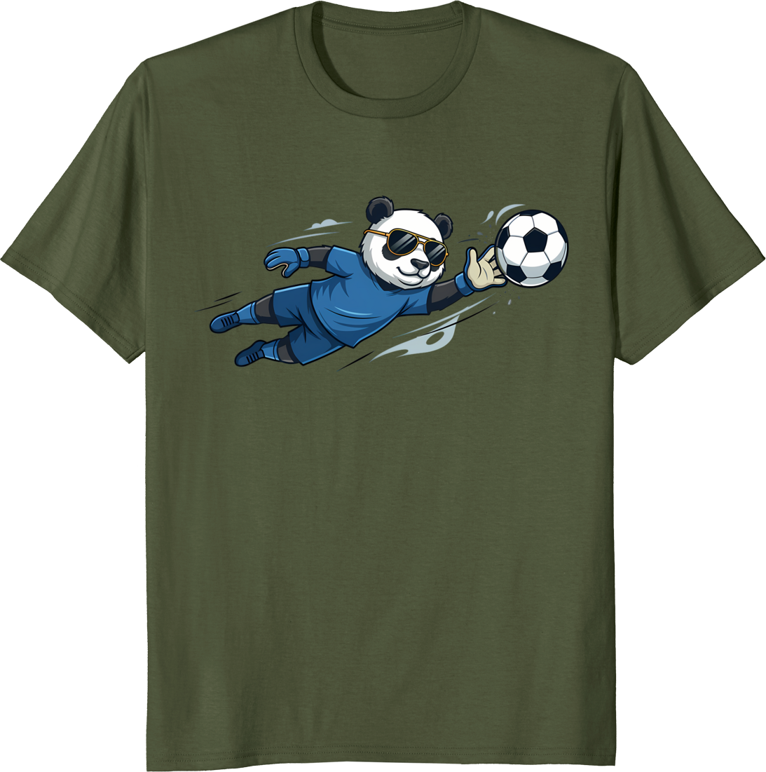 Cartoon panda wearing goalkeeper jersey and sunglasses on a t-shirt - olive