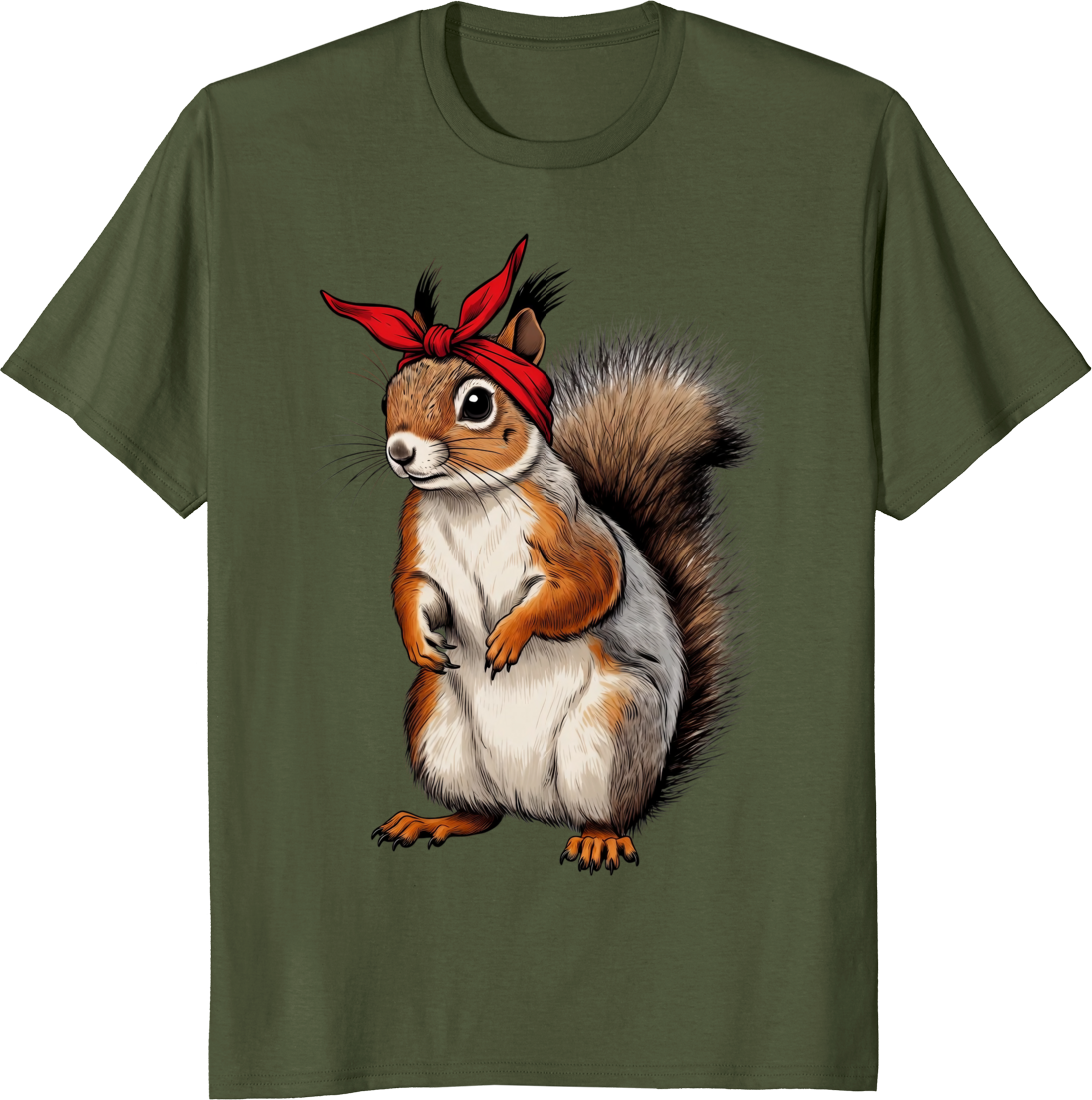 Funny squirrel wearing a red bow bandana on a t-shirt. - olive