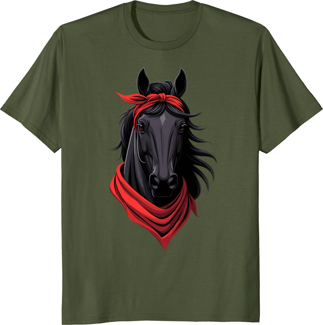 Black horse wearing a bow bandana on a t-shirt - olive